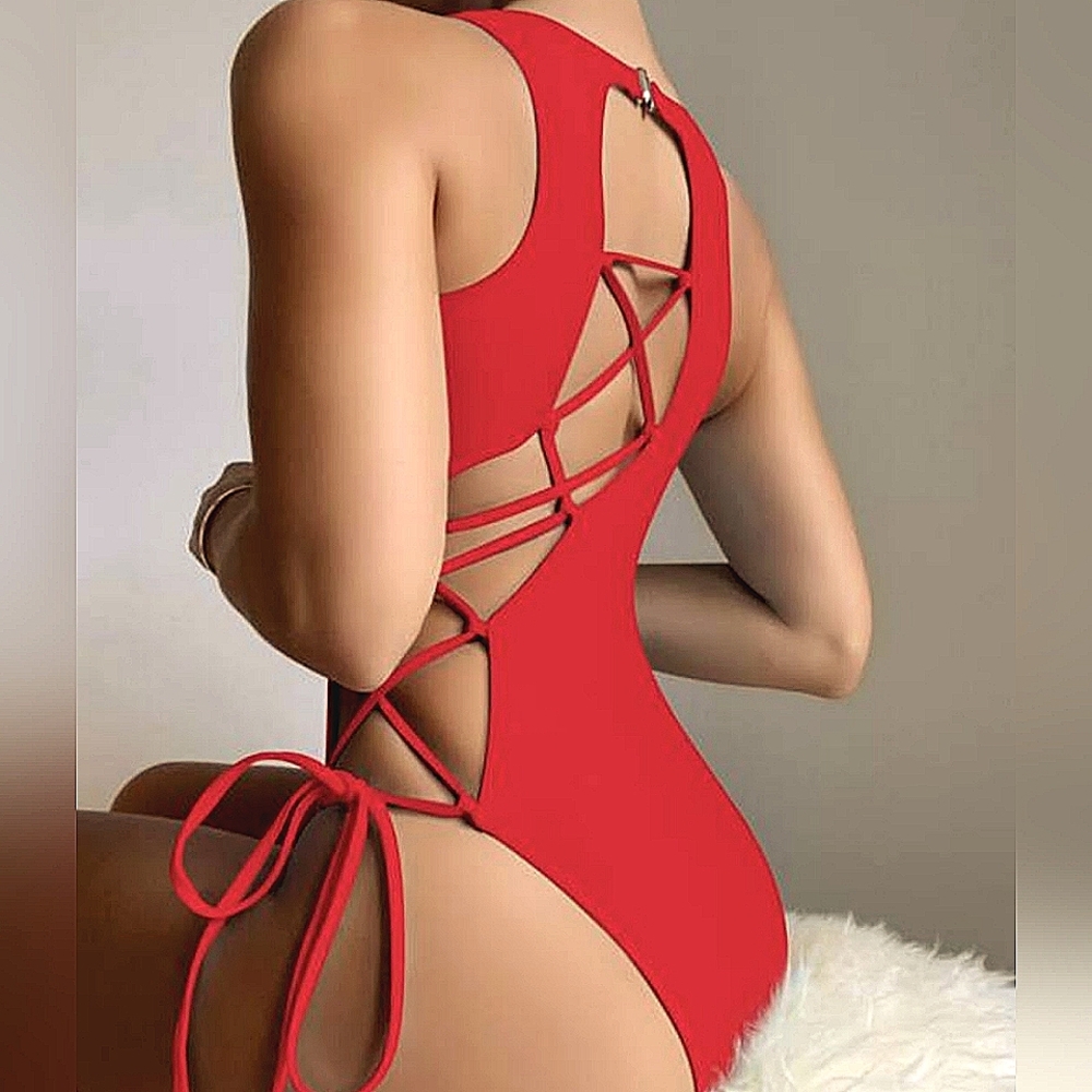 Lace up maroon one piece swimsuit size Medium shein